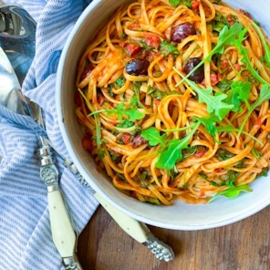 Pasta Puttanesca with Arugula