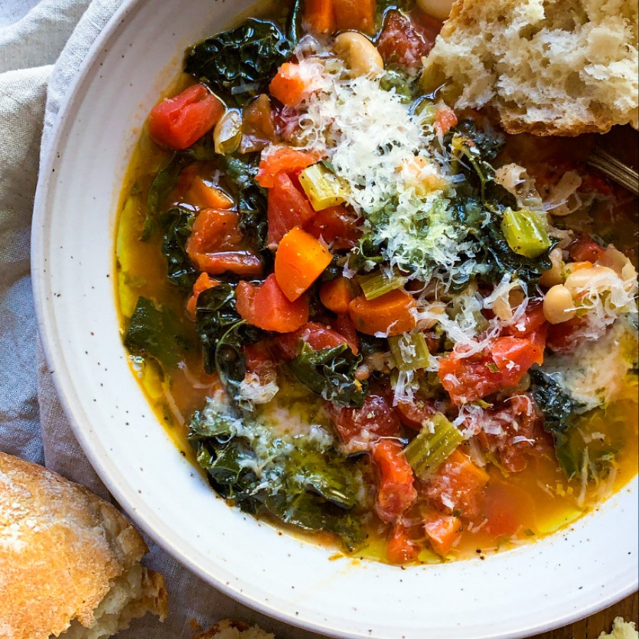Tomato, Kale and White Bean Stew with Crispy Bread