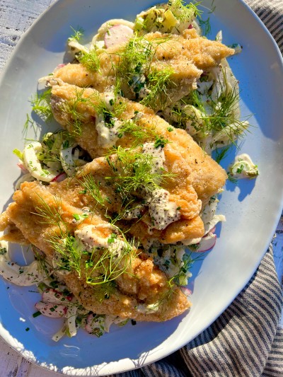 Pan Fried Trout with Shredded Vegetable Slaw