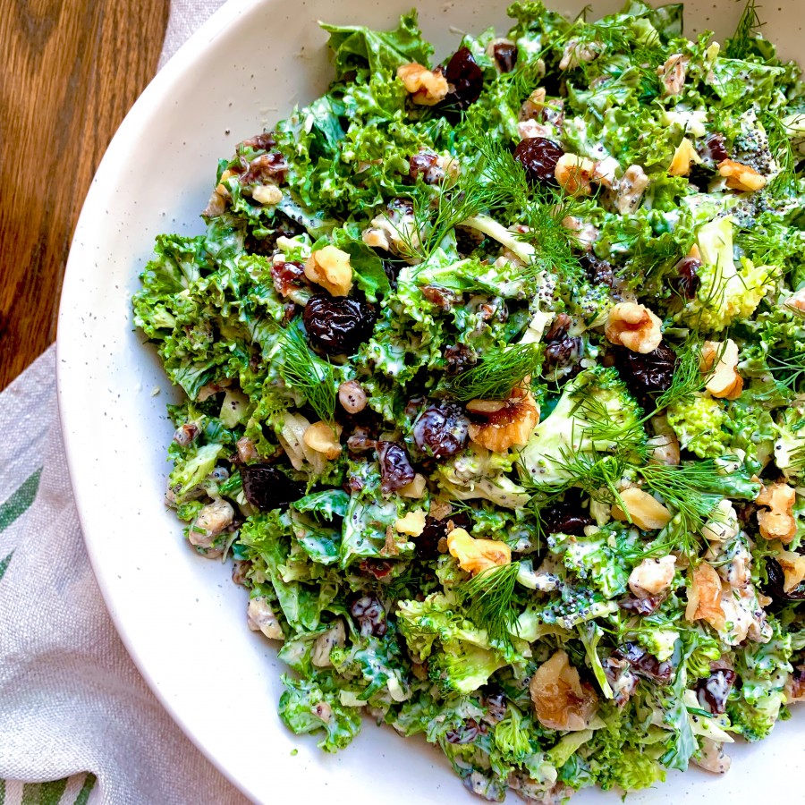 Broccoli Salad with Shredded Kale, Dried Cherries and Walnuts