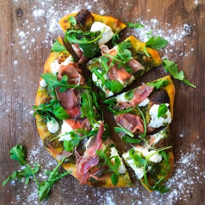 Pesto Pizza with Burrata, Prosciutto and Arugula