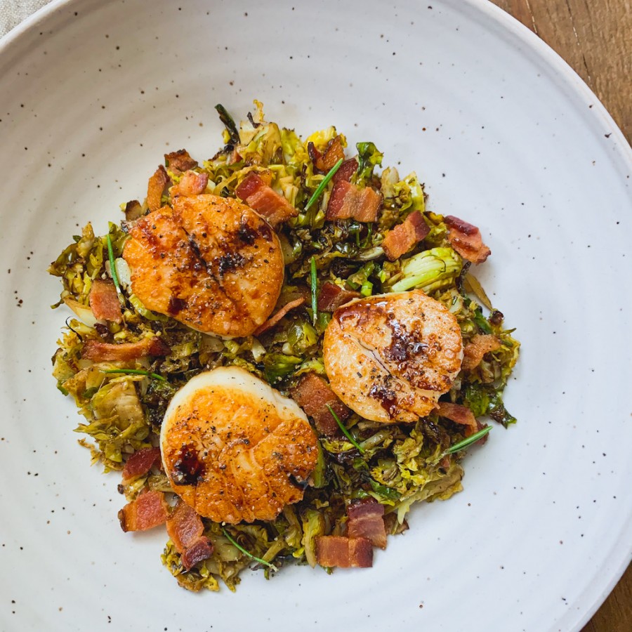 Bacon and Brussels Sprout Hash with Seared Scallops