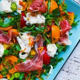 Stone Fruit, Burrata and Arugula Salad with Manuka Honey and Prosciutto