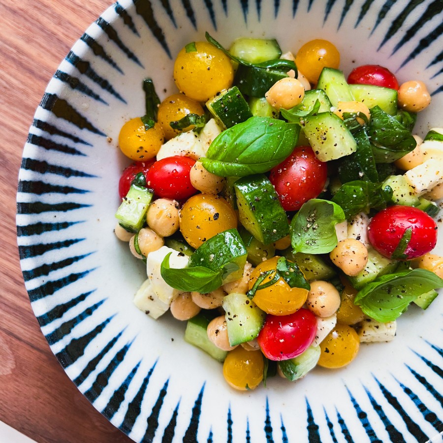 Cucumber, Tomato and Chickpea Salad with Fresh Mozzarella