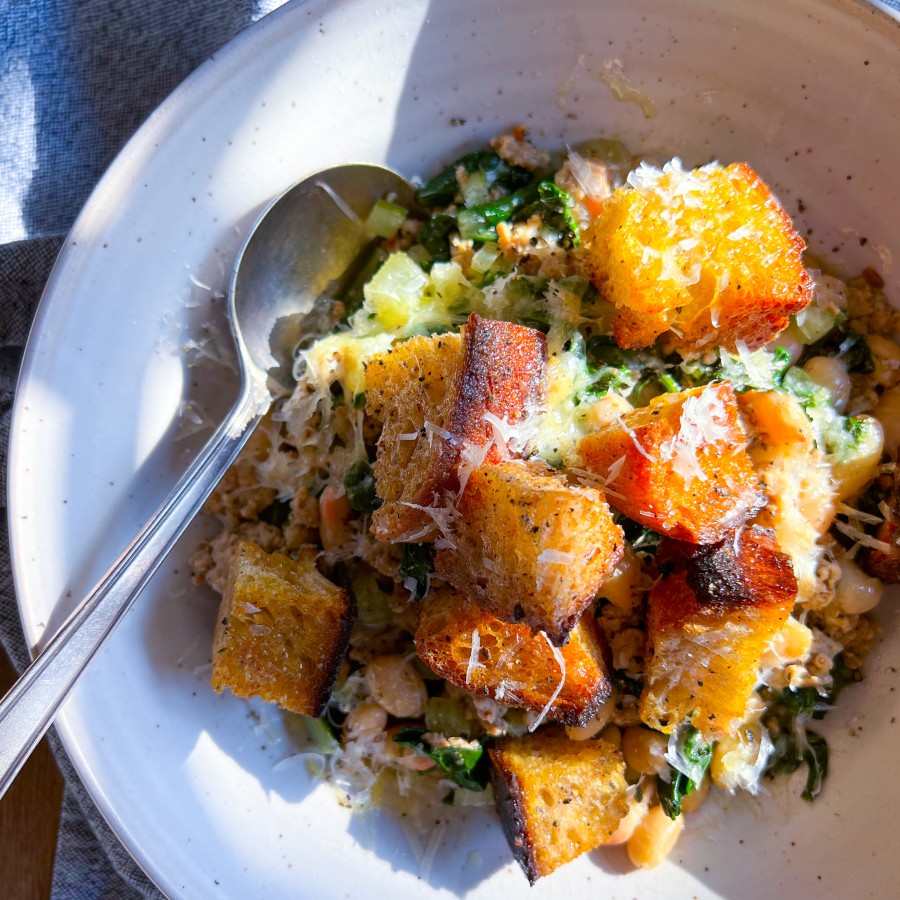 Sausage, Chard and White Bean Stew with Rustic Croutons