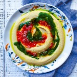 Hummus with Basil Oil and Harissa