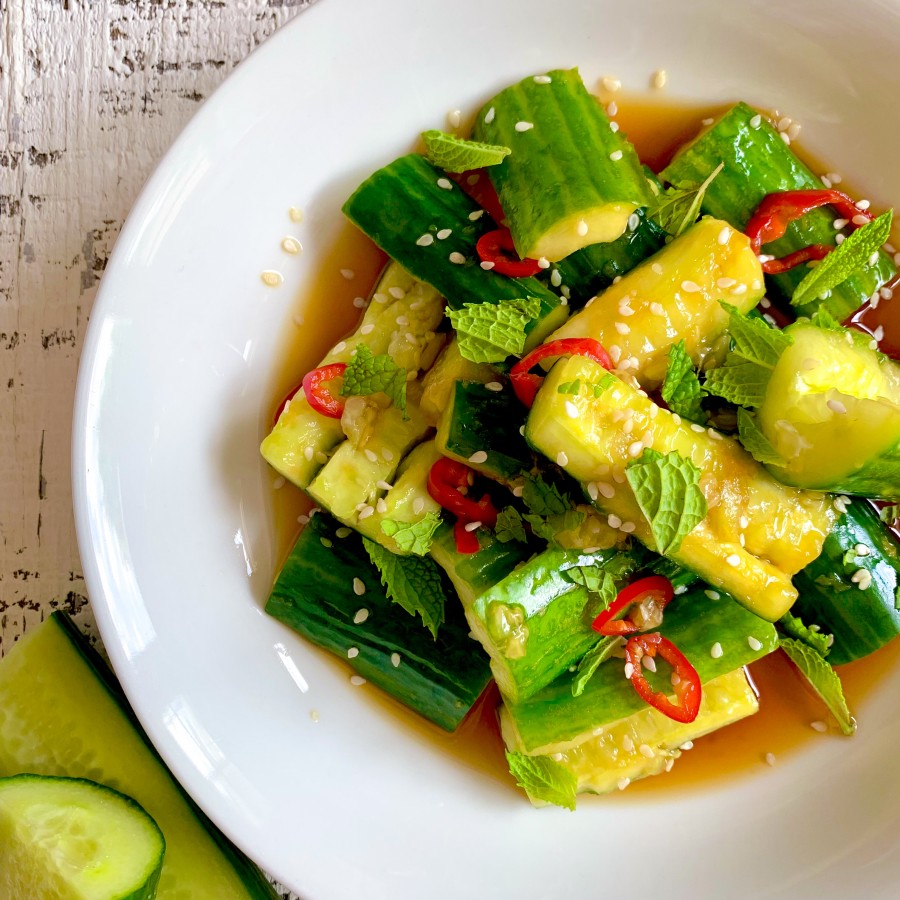 Smashed Cucumbers and Mint and Soy