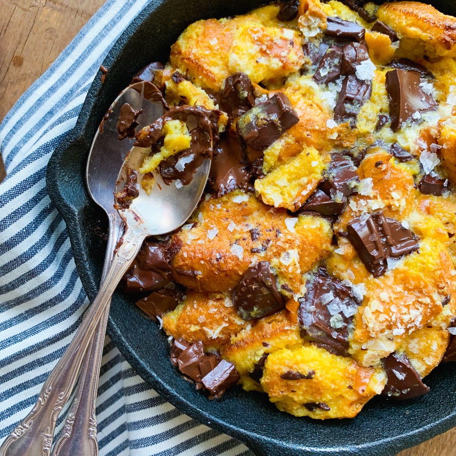 Brioche Buttermilk Bread Pudding with Dark Chocolate for Two