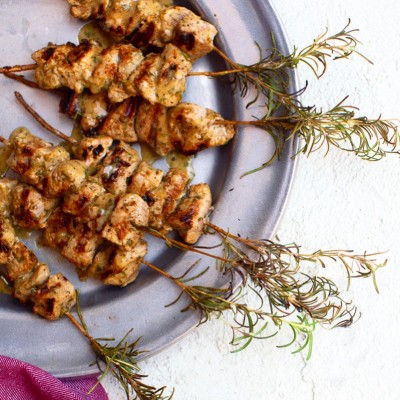 Mustard Glazed Pork on Rosemary Skewers 