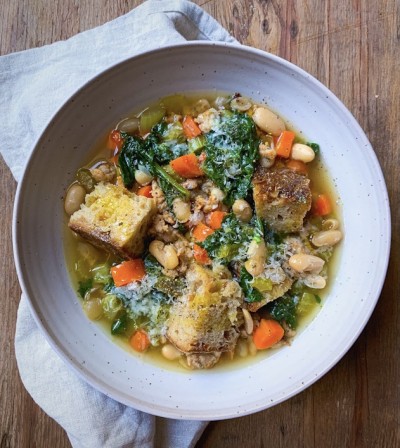 White Bean & Escarole Soup with Sausage and Toasted Bread