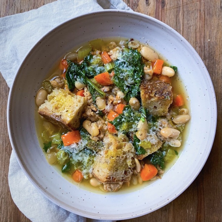 White Bean & Escarole Soup with Sausage and Toasted Bread