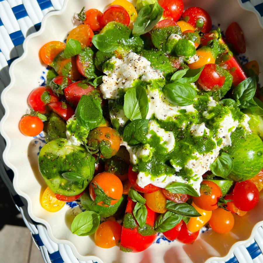 Tomato Burrata Salad with Basil Chive Oil