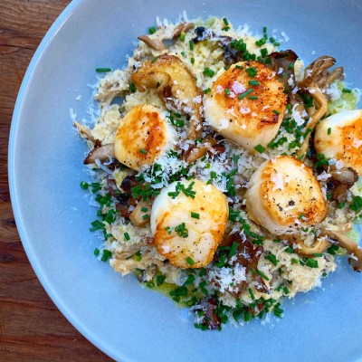 Cauliflower Mushroom Risotto with Seared Scallops