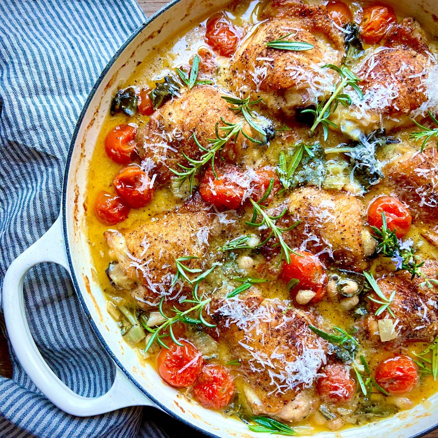One Pan Chicken with Chard, Cherry Tomatoes and Rosemary
