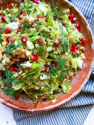 Shaved Brussels Sprout Salad with Feta, Dried Cherries and Walnuts