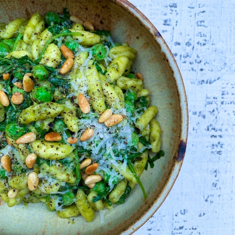 Pesto Pasta with Peas and Arugula