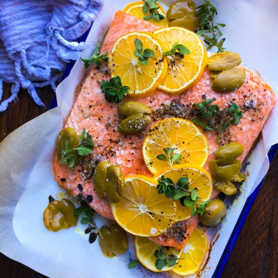 Baked Salmon with Meyer Lemon, Olives and Oregano