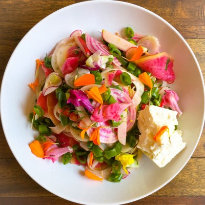 Beet and Radish Bowl with Feta and Edible Flowers