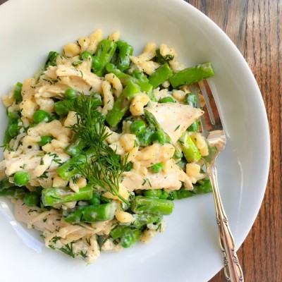 Spaetzle with Roast Chicken and Spring Veggies