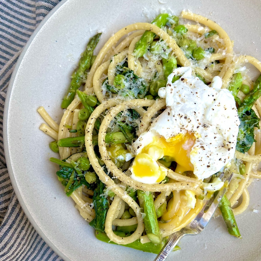 Bucatini with Spring Vegetables and a Poached Egg