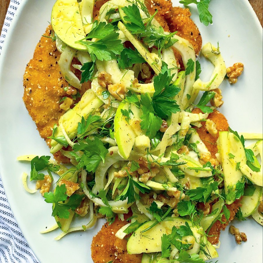 Crispy Chicken with a Fennel, Walnut and Apple Salad