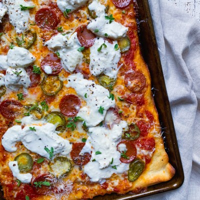 Burrata, Jalapeño and Pepperoni Sheet Pan Pizza