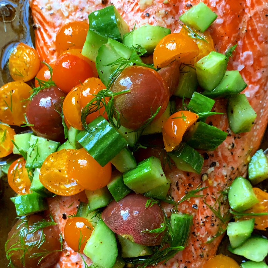 Roasted Salmon with Tomato Cucumber Salad